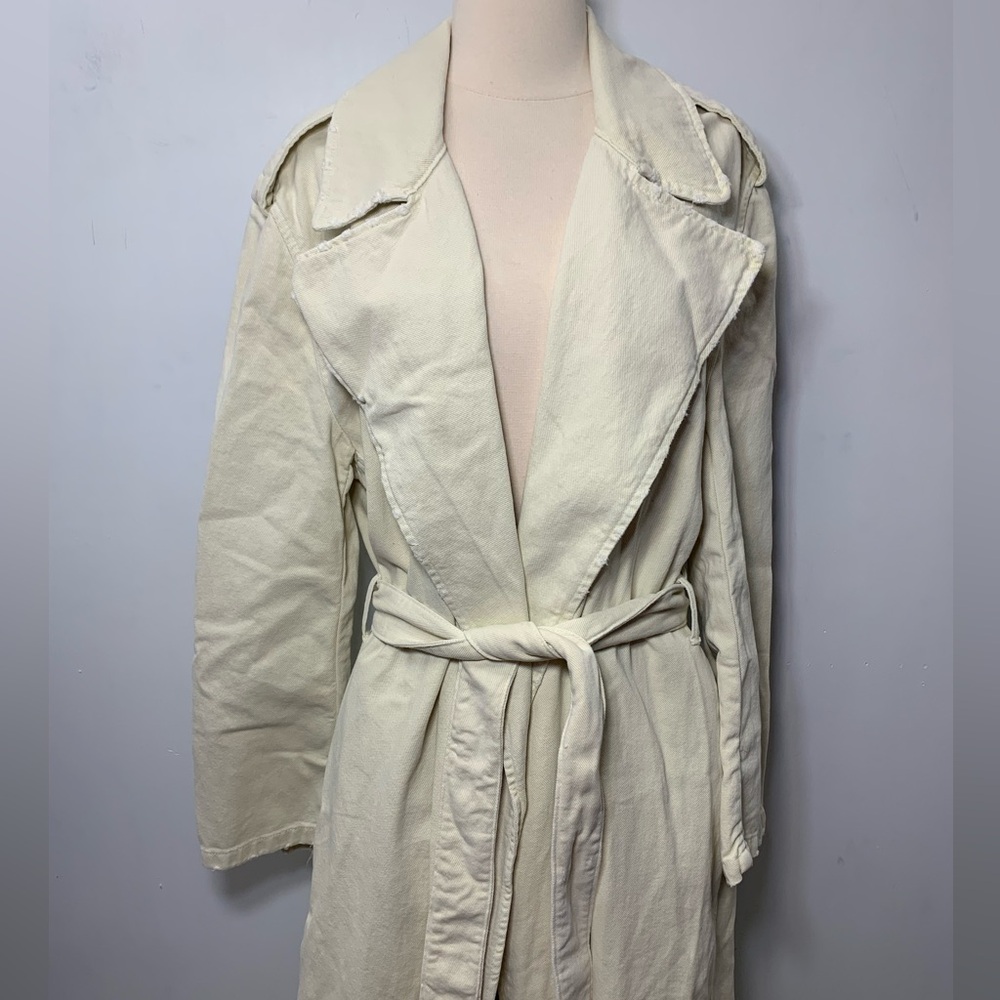 ZARA Cotton Long Trench Coat Belted Cream White size L 8197 734 - Picture 3 of 15